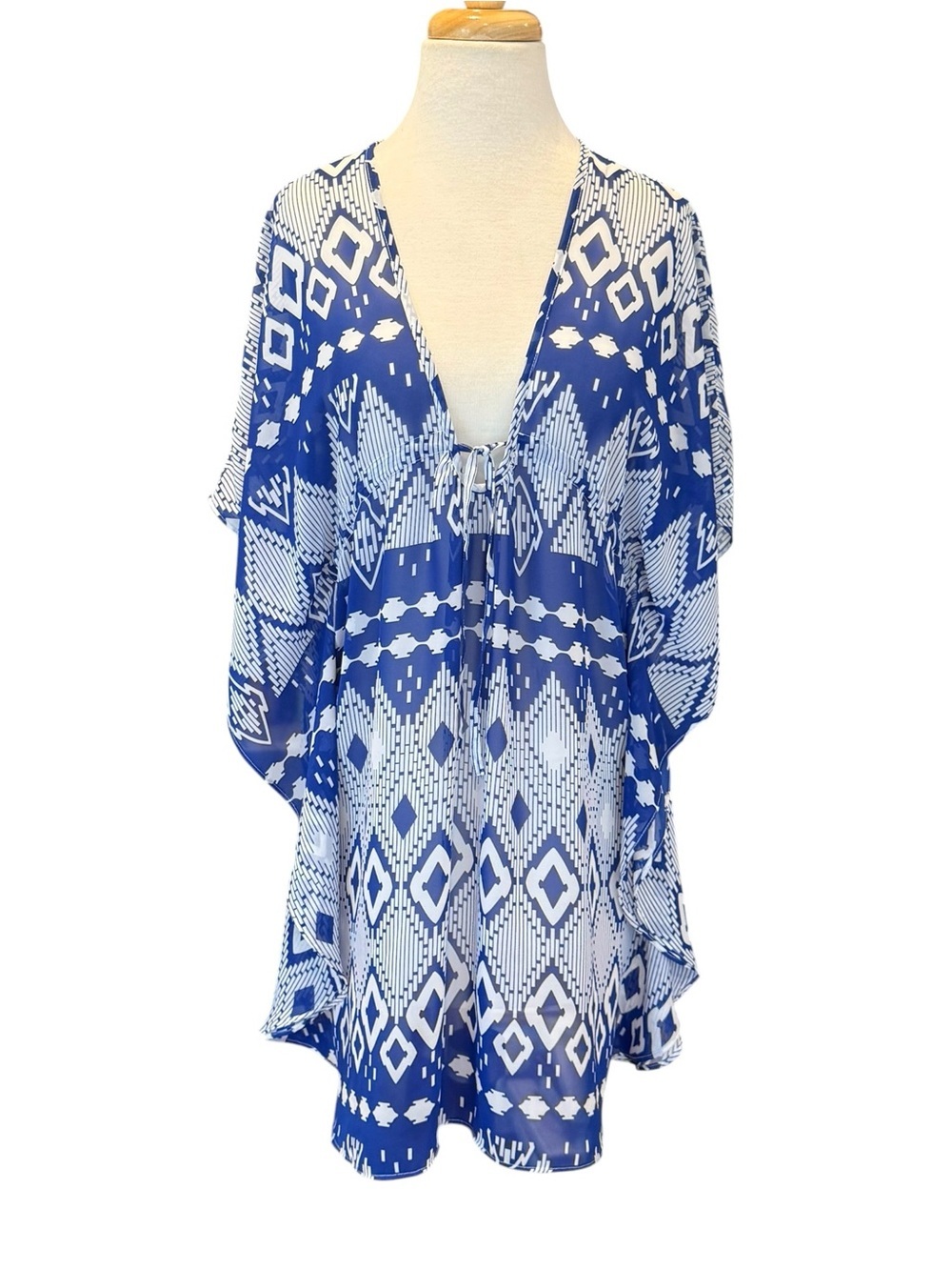 JOSA Tulum Kimono Blue White Geometric Print Cover Up Mini Dress OS One Size